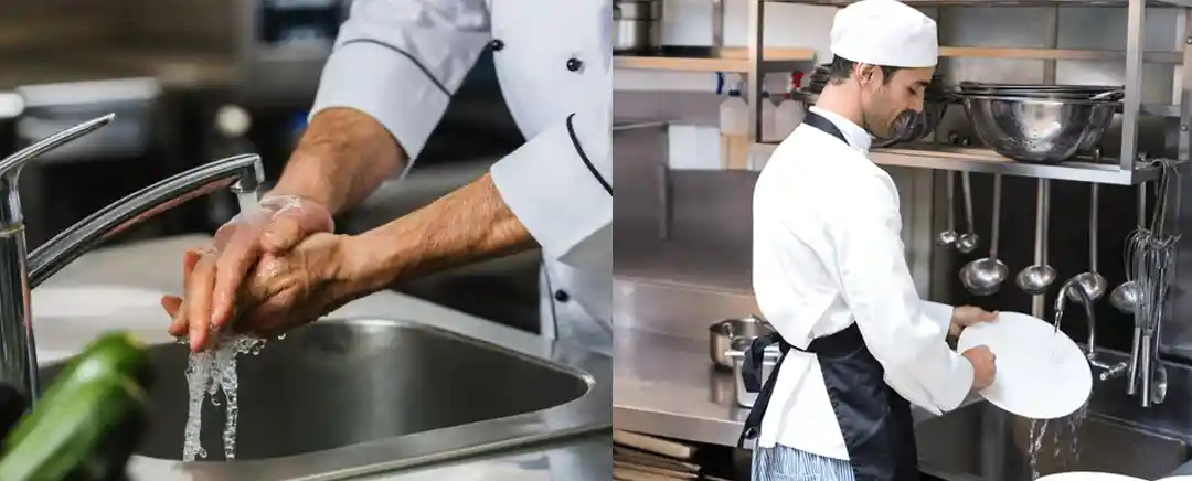 karyawan di dapur mencuci tangan